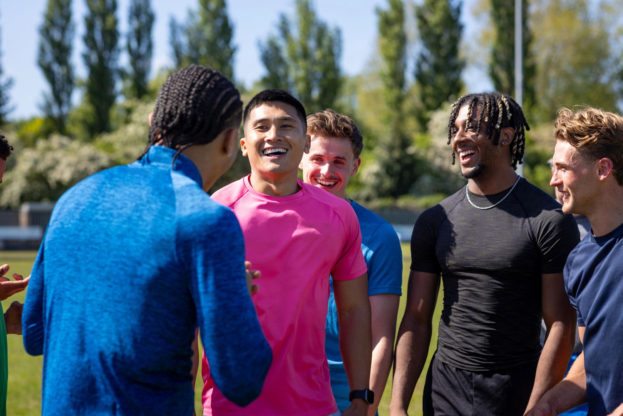 Football team training together on the field